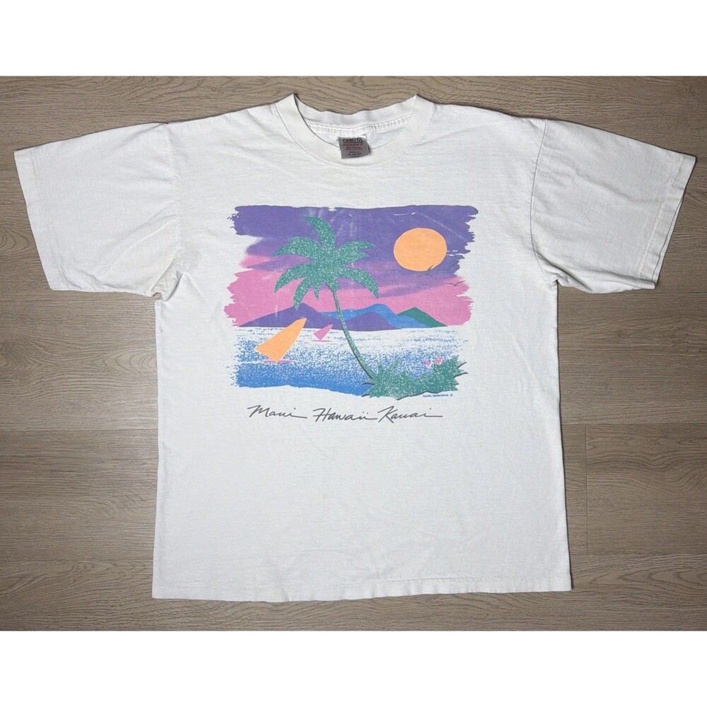 Vintage 90s Hawaii T Shirt Maui Kauai Sunset Palm Tree Oneita Single Stitch XL